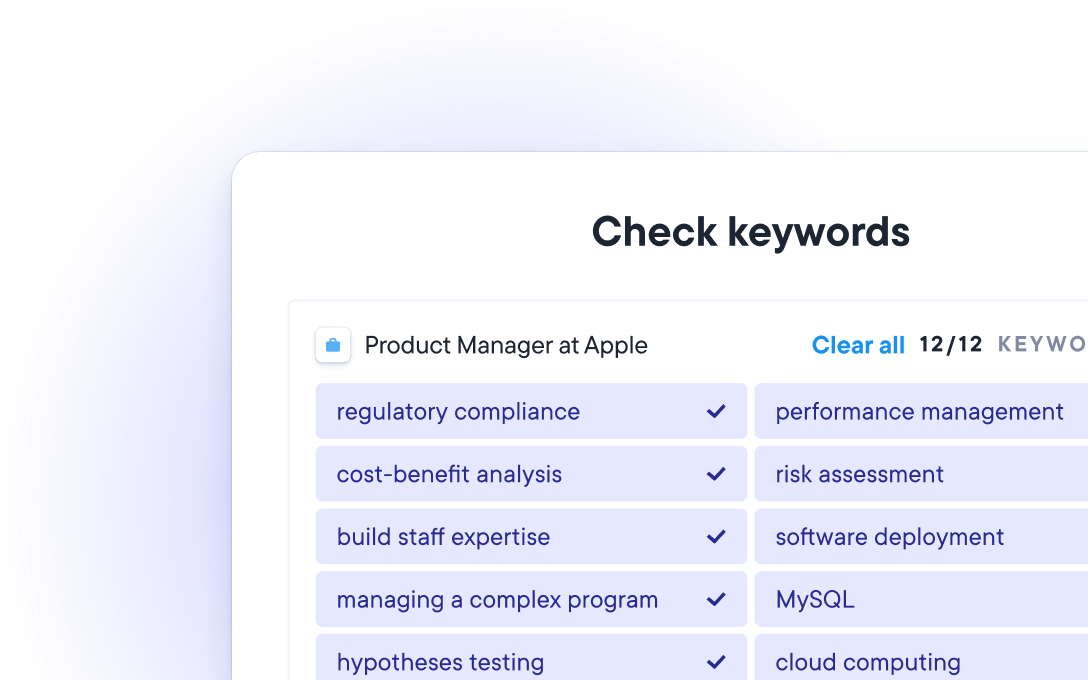 ATS cv checker matcht functiespecifieke trefwoorden voor een Productmanager functie bij Apple